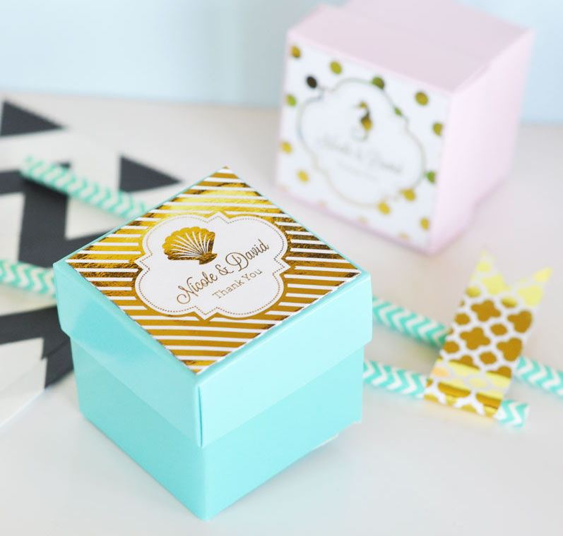 Personalized Metallic Foil 2" Square Favor Labels & Tags - Wedding - Bride and Jewel