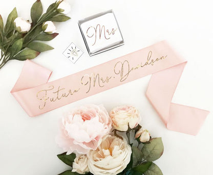 Custom Bridal Shower or Bachelorette Sash, Pin and Box
