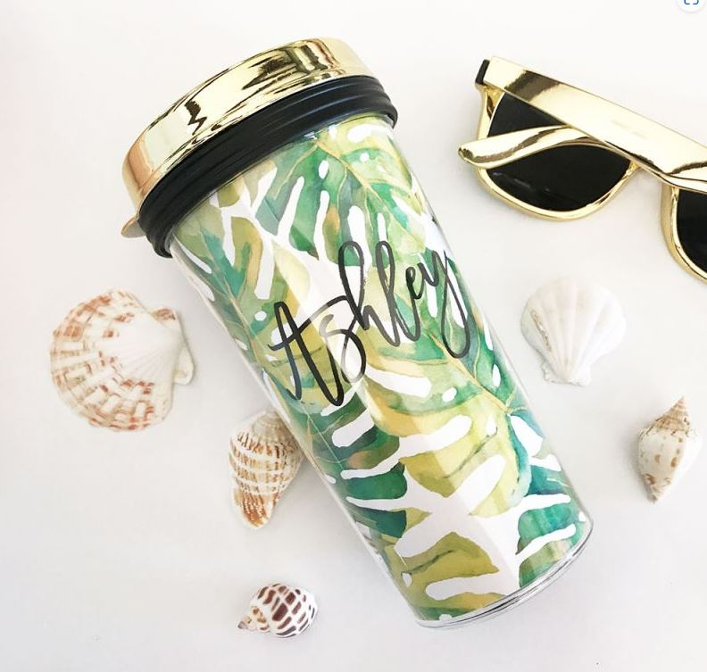 Personalized Tropical Beach Travel Tumblers - Gold Lid - Bride and Jewel