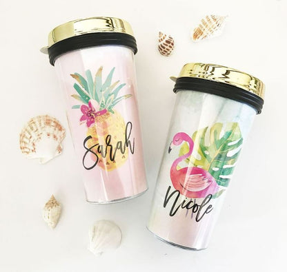 Personalized Tropical Beach Travel Tumblers - Gold Lid - Bride and Jewel