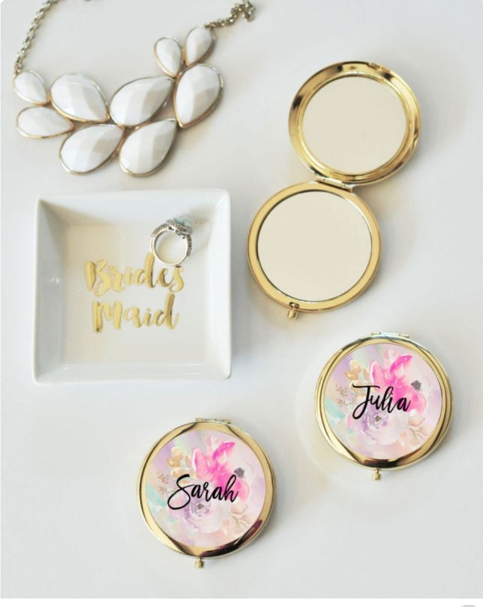Personalized Floral Mirror Compacts - Bride and Jewel