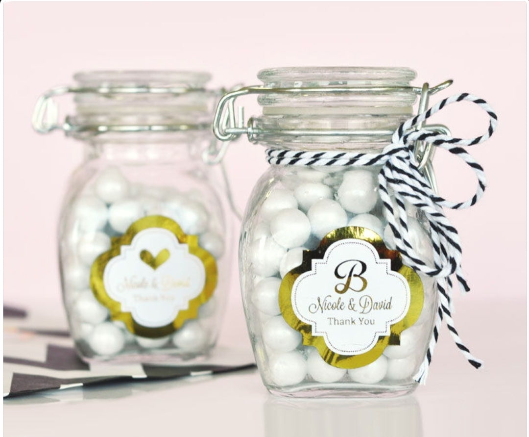 Personalized Metallic Foil Glass Jar with Swing Top Lid - Wedding SMALL - Bride and Jewel