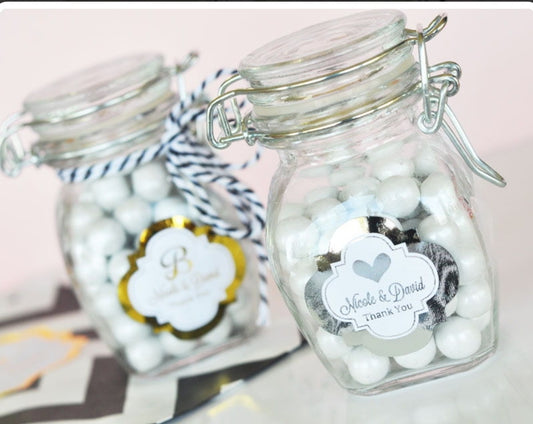 Personalized Metallic Foil Glass Jar with Swing Top Lid - Wedding SMALL - Bride and Jewel