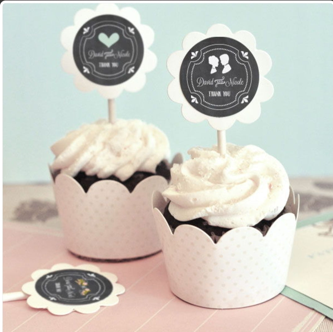 Chalkboard Wedding Cupcake Wrappers & Cupcake Toppers (Set of 24) - Bride and Jewel