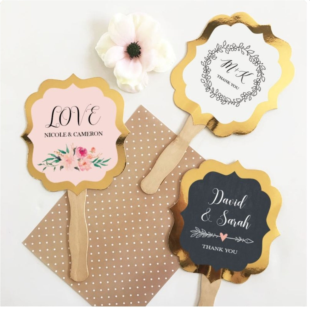 Personalized Floral Garden Gold Paddle Fans - Bride and Jewel