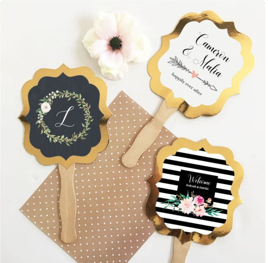 Personalized Floral Garden Gold Paddle Fans - Bride and Jewel