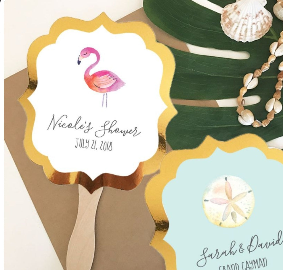 Personalized Tropical Beach Gold Paddle Fans - Bride and Jewel