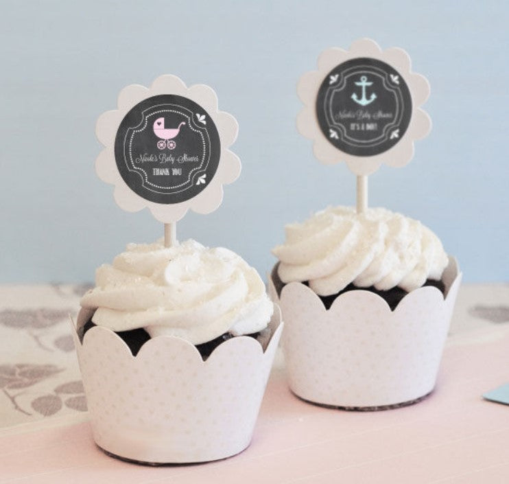 Chalkboard Baby Shower Cupcake Wrappers & Cupcake Toppers (Set of 24) - Bride and Jewel