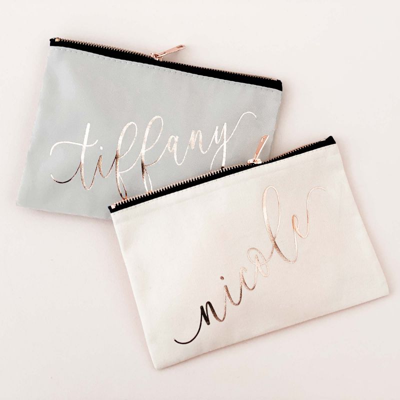 Custom Name Canvas Cosmetic Bags for Bridesmaid Gifts - Bride and Jewel