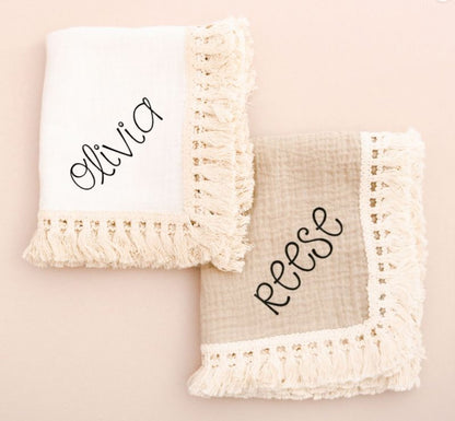 Personalized Fringe Baby Blanket - Bride and Jewel