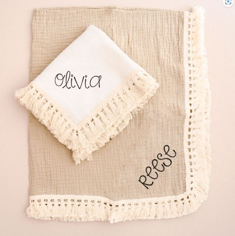 Personalized Fringe Baby Blanket - Bride and Jewel
