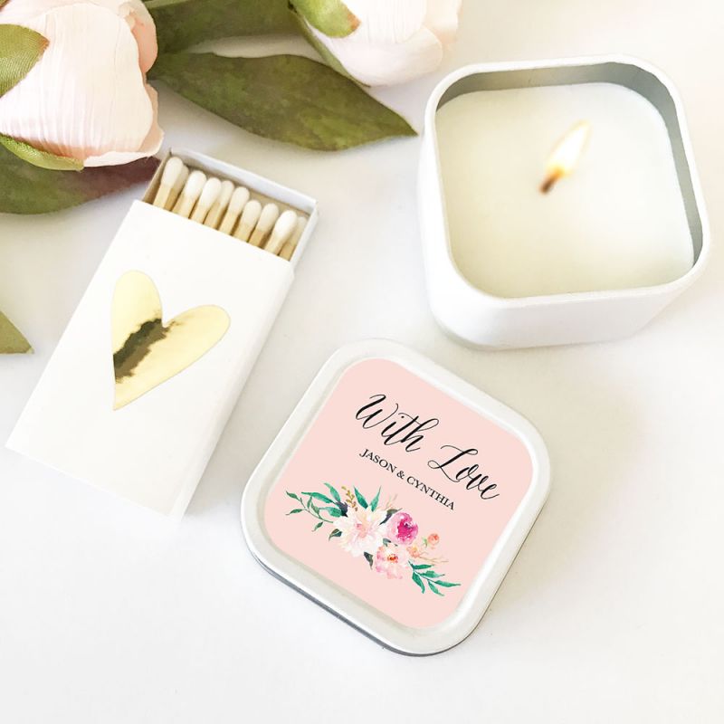 Personalized Floral Garden Square Candle Favor Tins - Bride and Jewel