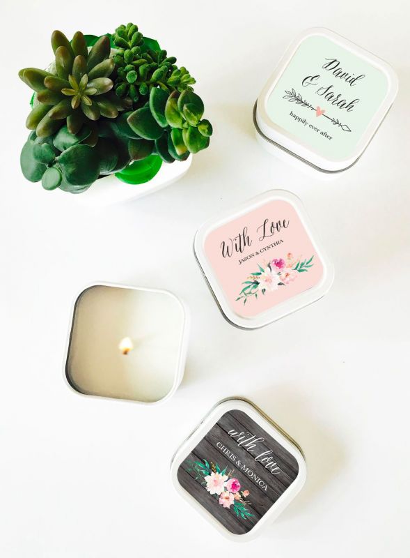 Personalized Floral Garden Square Candle Favor Tins - Bride and Jewel
