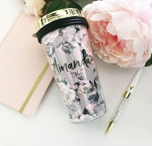 Personalized Rose Garden Travel Tumblers - Gold Lid - Bride and Jewel