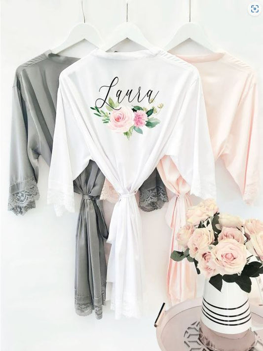 Personalized Floral Satin Robe - Bride and Jewel