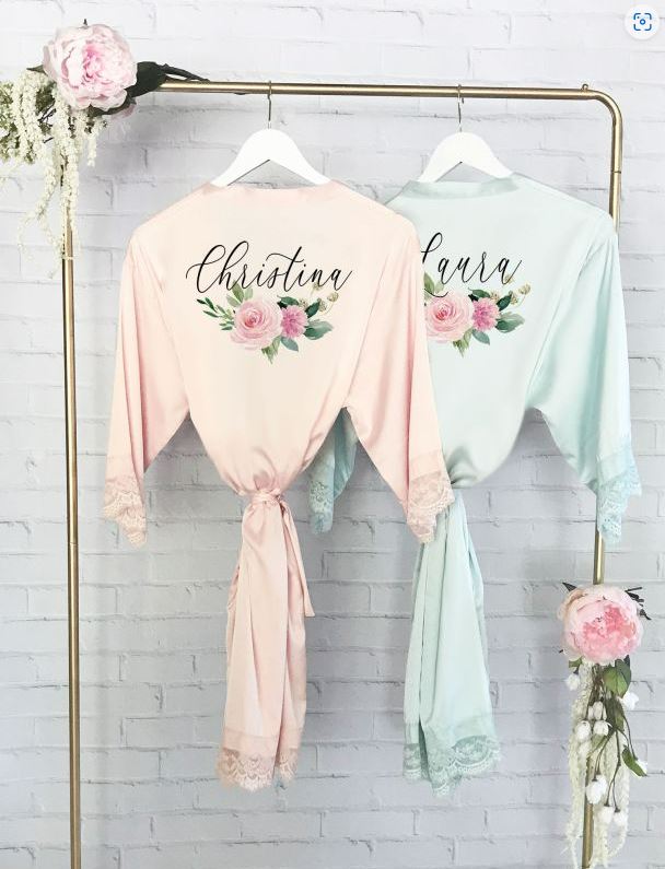 Personalized Floral Satin Robe - Bride and Jewel
