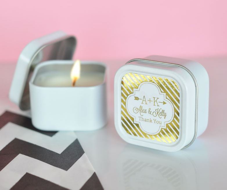 Personalized Metallic Foil Square Candle Tins - Wedding - Bride and Jewel