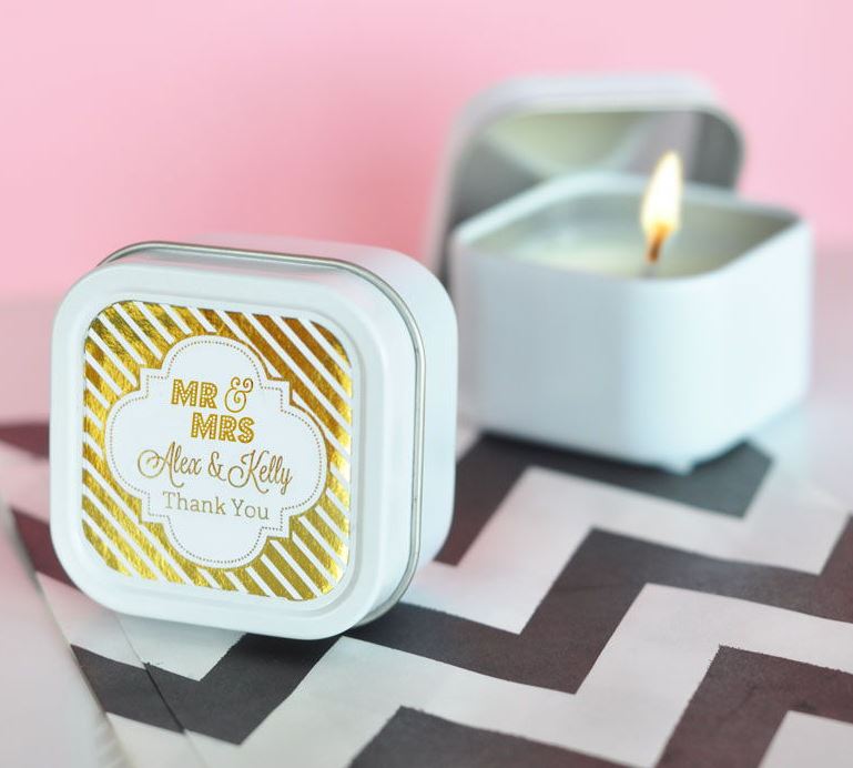 Personalized Metallic Foil Square Candle Tins - Wedding - Bride and Jewel