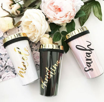 Personalized Travel Tumblers - Gold Lid - Bride and Jewel