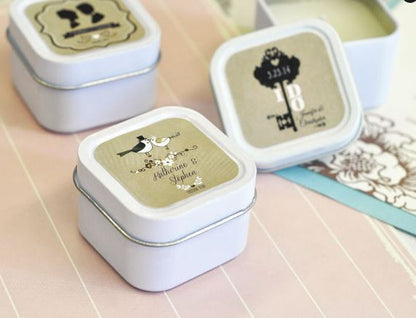 Vintage Wedding Personalized Square Candle Tins - Bride and Jewel