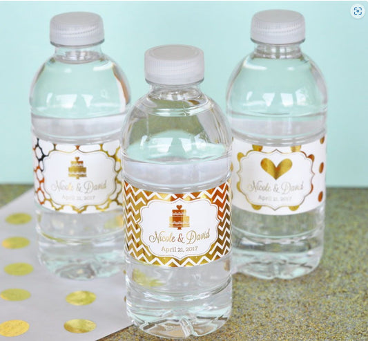 Personalized Metallic Foil Water Bottle Labels- Wedding - Bride and Jewel
